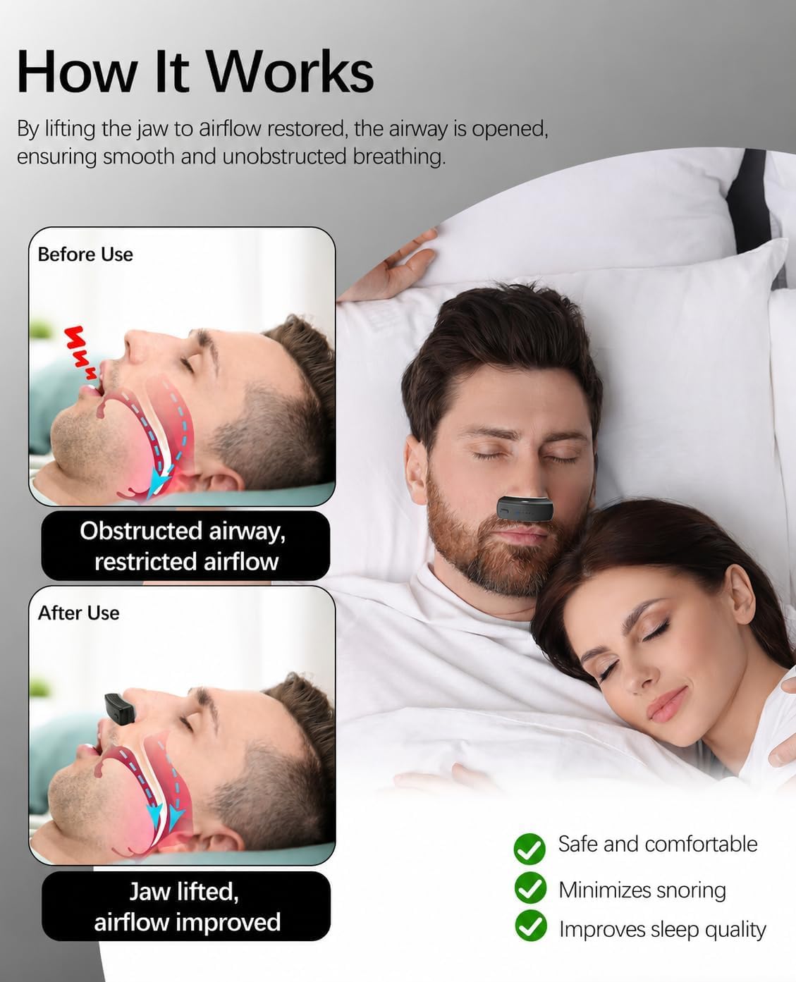 Anti Snoring Devices, Electric Anti Snore Device with Adjustable Security Strap, Adjustable 6-Speed Stop Snoring Aids, Universal Fit for All Nose Shapes for Men & Women (Matte Black)