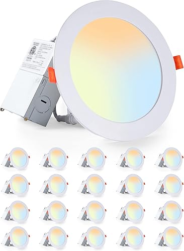 LEDIARY Paquete de 20 luces LED empotrables ultrafinas de 6CCT de 6 pulgadas con caja de conexiones, 2500K-5000K lámparas empotrables