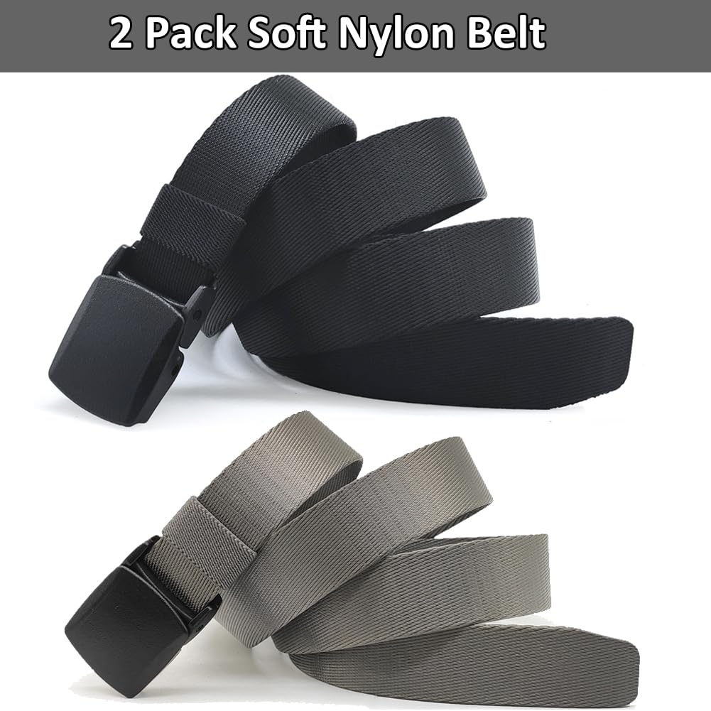 Paquete de 2 cinturones de nailon de 1 1/4 pulgadas para hombre, cinturón de trabajo estrecho ligero y amigable con la TSA, Tipo B-negro + gris 2