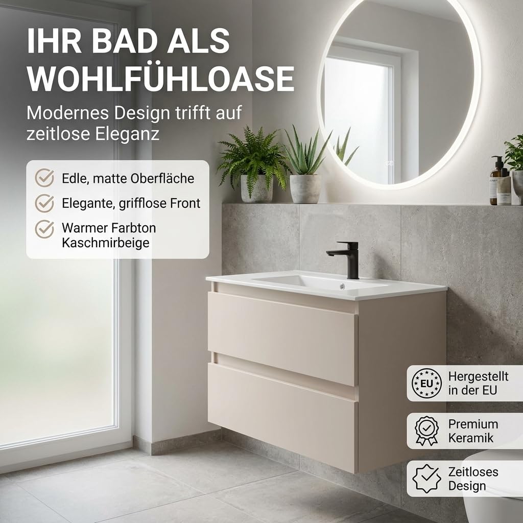 Waschbecken mit Waschtischunterschrank CALPE Breite, wandhängend mit Schubladen, Keramikwaschbecken, Farbe: Kaschmir Beige, Matt (Kaschmir, 80)