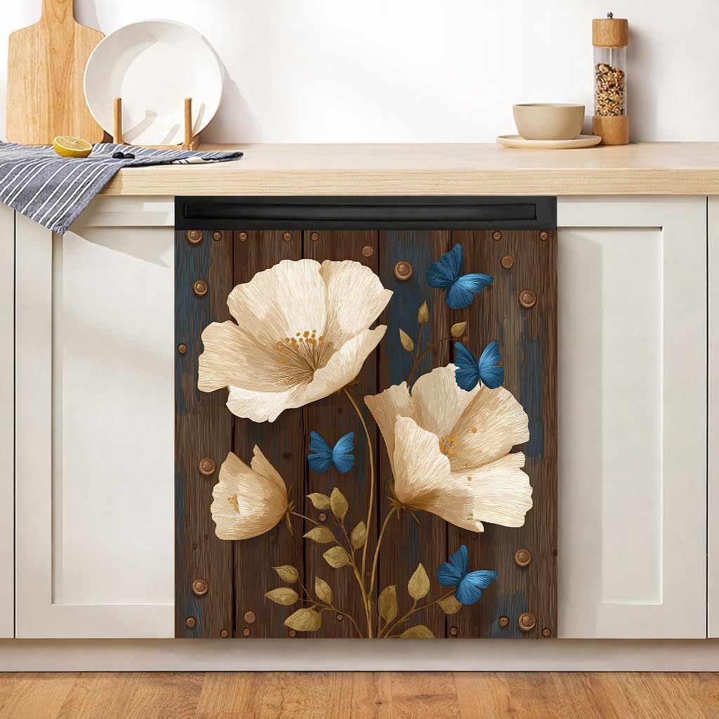Dishwasher Window Sticker - Modern Floral and Butterfly Pattern, 23x26 inches, Waterproof & Oil-Proof Kitchen Decoration, Fits Dishwashers and Windows (White Apricot)