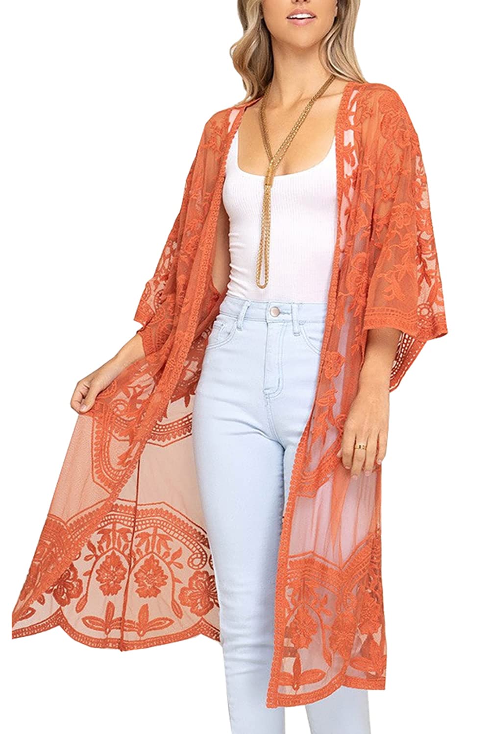 YouKD Cárdigan largo de encaje para mujer, estilo vestido o kimono, para llevarlo a la playa con el bañador debajo
