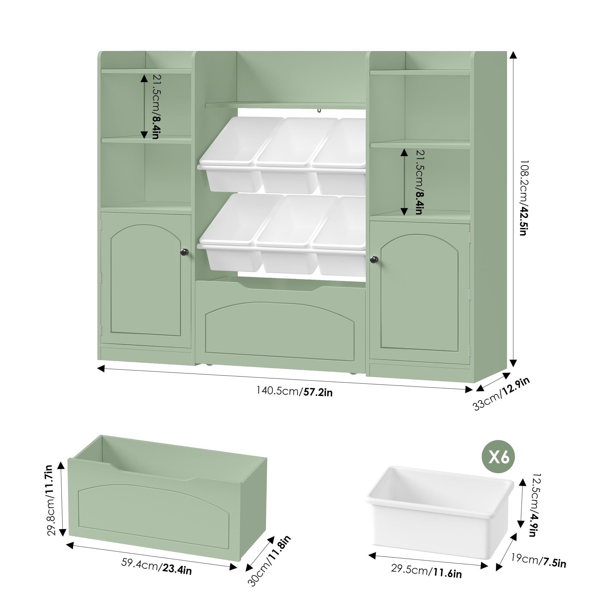 FOREHILL Kinderregal mit 6 Boxen Kinderzimmer Möbel mit Kinderbücherregal Spielzeugregal aus Holz Spielzeug Organizer mit Aufbewahrungsbox Regal für Kinderzimmer 140,5x33x108,2 cm