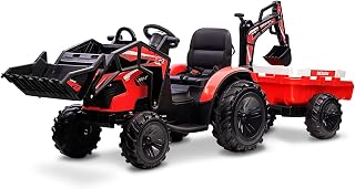 3 in 1 Ride on Tractor, GAOMON Excavator & Bulldozer, 24V Electric Vehicle w/Trailer, Shovel Bucket, Digger, Remote Control, EVA Tires, LED Lights, Music, USB & Bluetooth, Kids Ride on Car Toys, Red