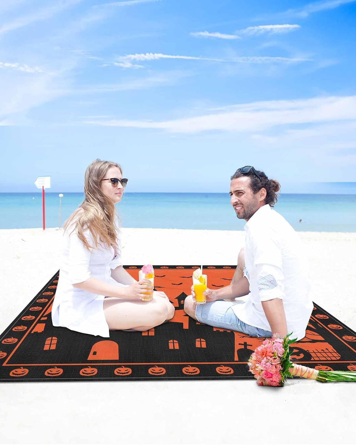 Moroccan Khaki Plaid Vintage Geometric Beach Blanket Waterproof Outdoor Picnic Mat 95"x80" Retro Cotton Linen Lightweight Large Beaach Blankets with 4 Stake & 4 Corner Pockets