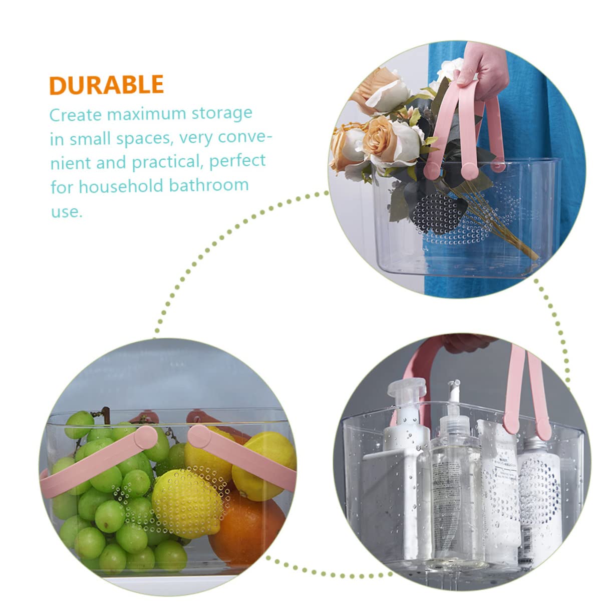 WOONEKY Cesta de Ducha de Plástico con Asa, Organizador para Baño | Rosa, Portátil y Reutilizable, Gran Capacidad de Almacenamiento, para Dormitorio y Salón