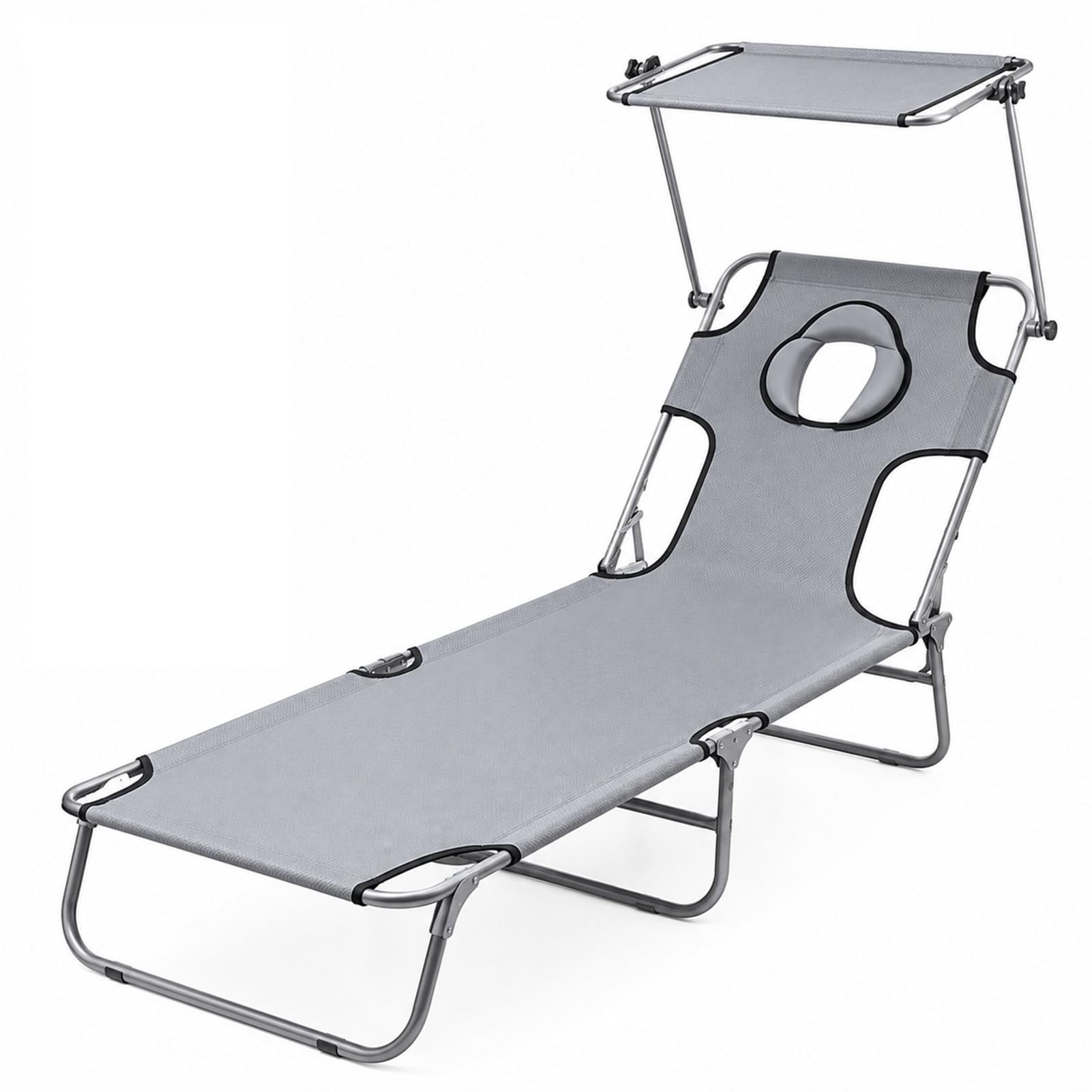 JJPP Folding Sun Lounger with Canopy, Adjustable Reclining Garden Chair with Face Hole, Portable Outdoor Camping Bed, for Beach, Garden, Patio, Camping, Fishing (With Canopy,grey)