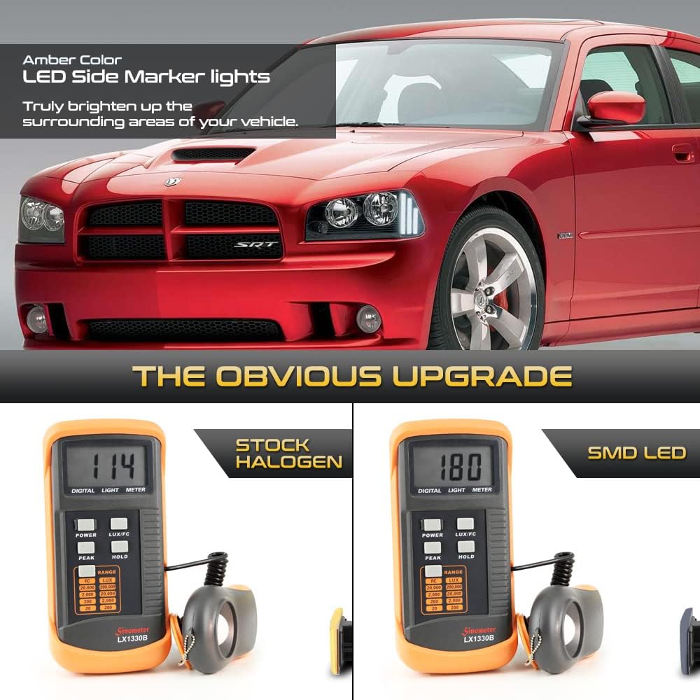 VIPMOTOZ Full LED Front Smoked Corner Turn Signal Side Marker Light Compatible With 2006-2010 Compatible with Dodge Charger Chrome Housing Smoked Tinted Lens Pair Set