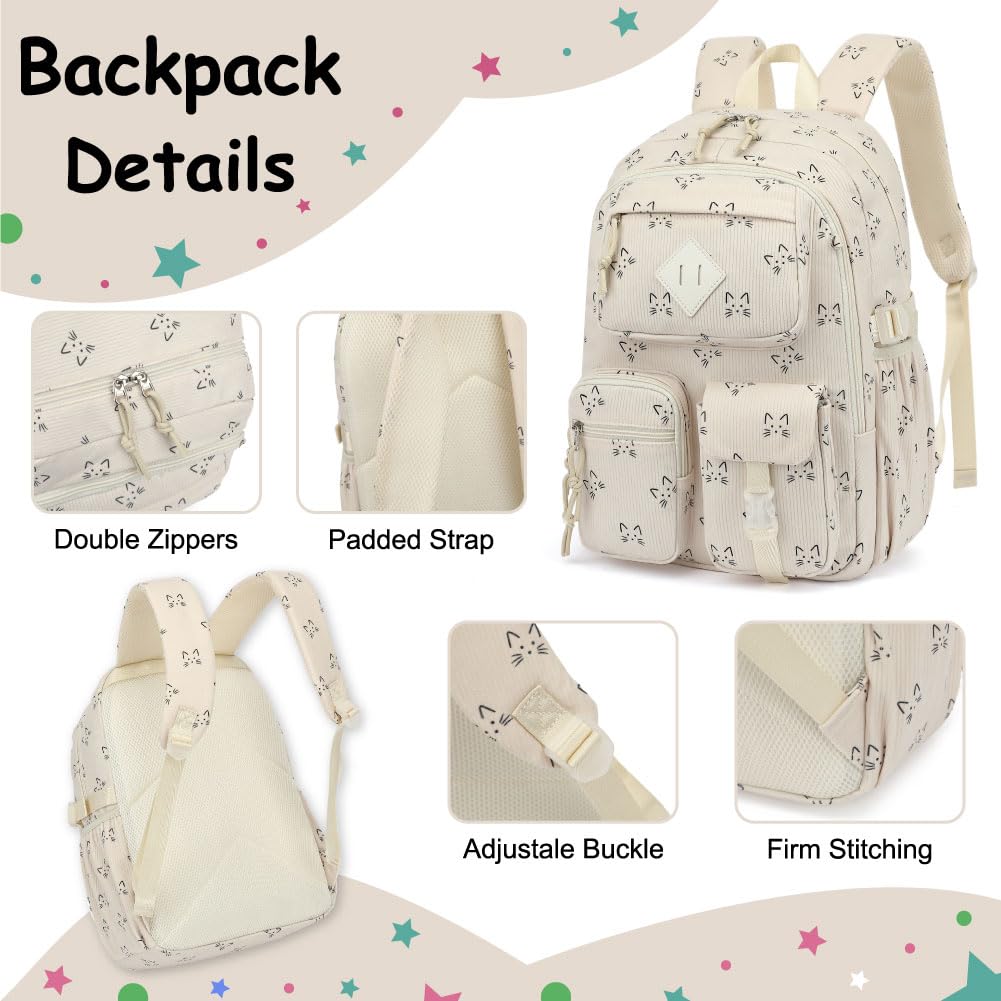 3-teiliges Schulrucksack-Set aus Cord für Mädchen und Jungen, Kinder-Büchertasche mit Lunchbox und Federmäppchen (Alter 8-18), Cord-Katze, 3-piece set