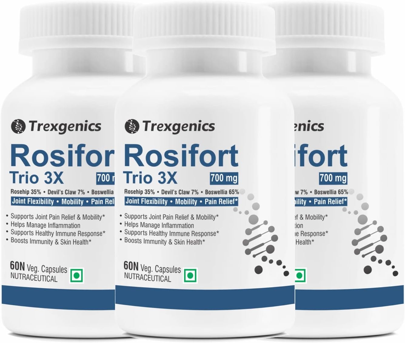 Trexgenics ROSIFORTE TRIO Rosehip, Boswellia, Devil's Claw 700 mg Joint Pain & Inflammation Support VEGAN & NON-GMO (60 Veg. Capsules) (Pack of 3)
