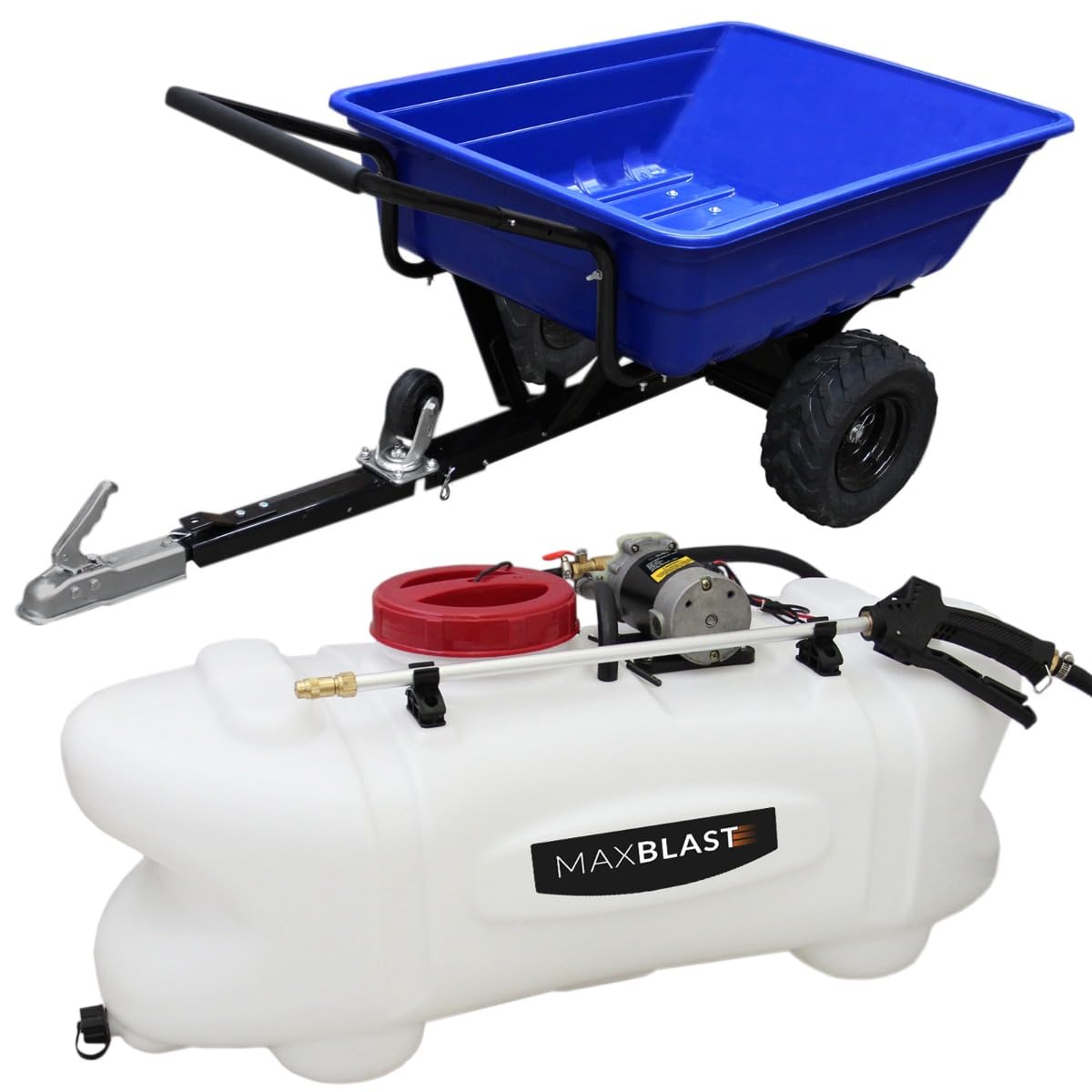 Conjunto de REMOLQUE ATV Todo Terreno 300x940x120mm con Neumáticos Capacidad 295kg y PULVERIZADOR con Tanque 60L de 400x380x400mm con 5m Cable y 5m Cinturón Seguridad Presión Máxima 12 bar