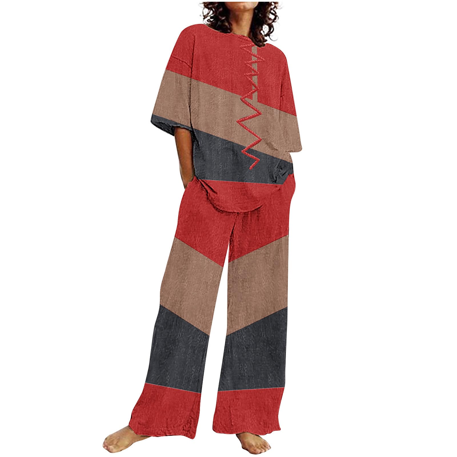 NUSGEAR Conjunto Dos Piezas Mujer Casual Algodón Lino Camiseta manga corta y Pantalones verano otoño Deportivo Suelto Traje Cómodo Conjunto Casa Moda Color sólido Chandal ligera Talla grande 2024