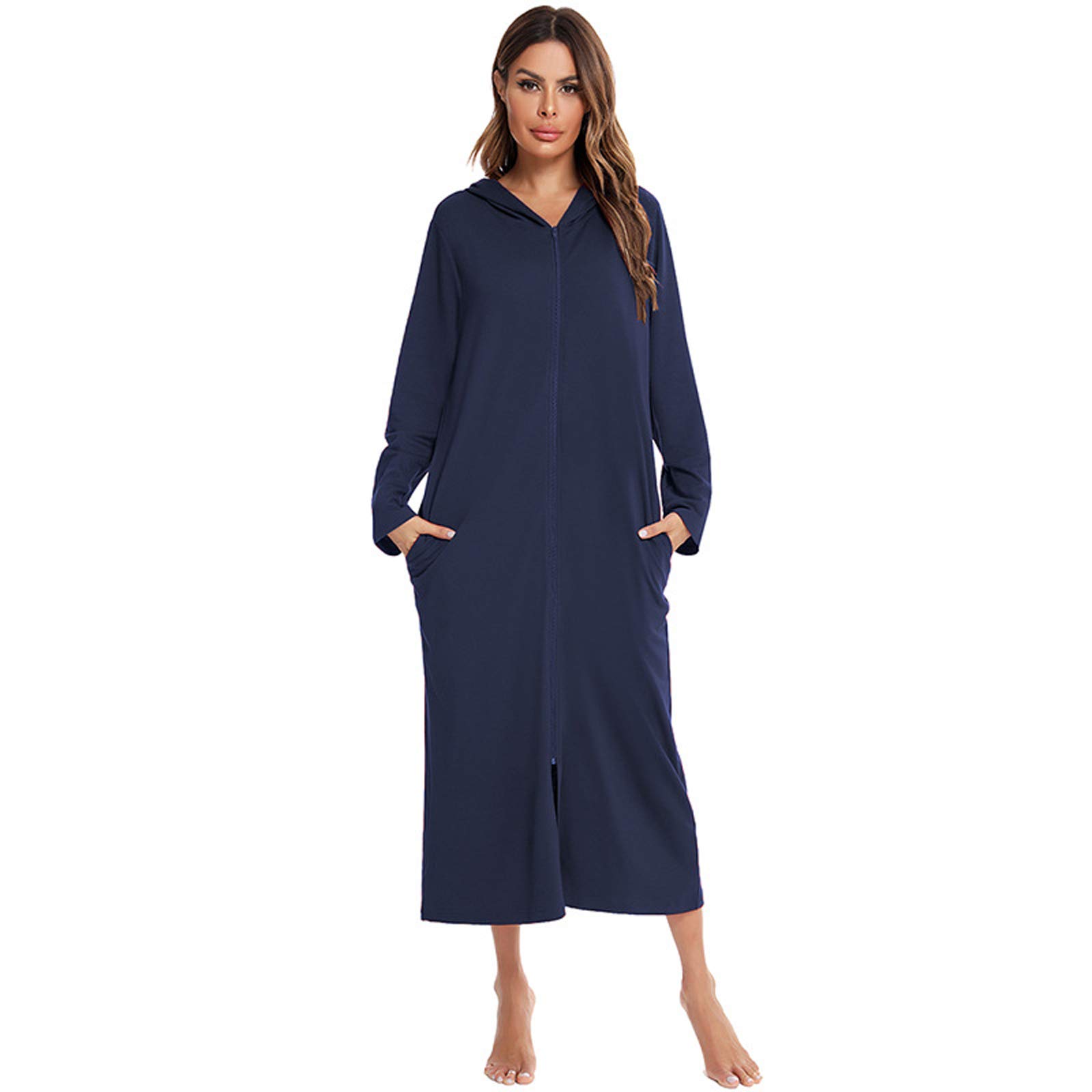 Gaohongmei Women's Blue Sleepwear Long Robe Long Sleeve Dressing Gown Zip-Front Hooded Bathrobe Kimono Robes Housecoat-Xxl