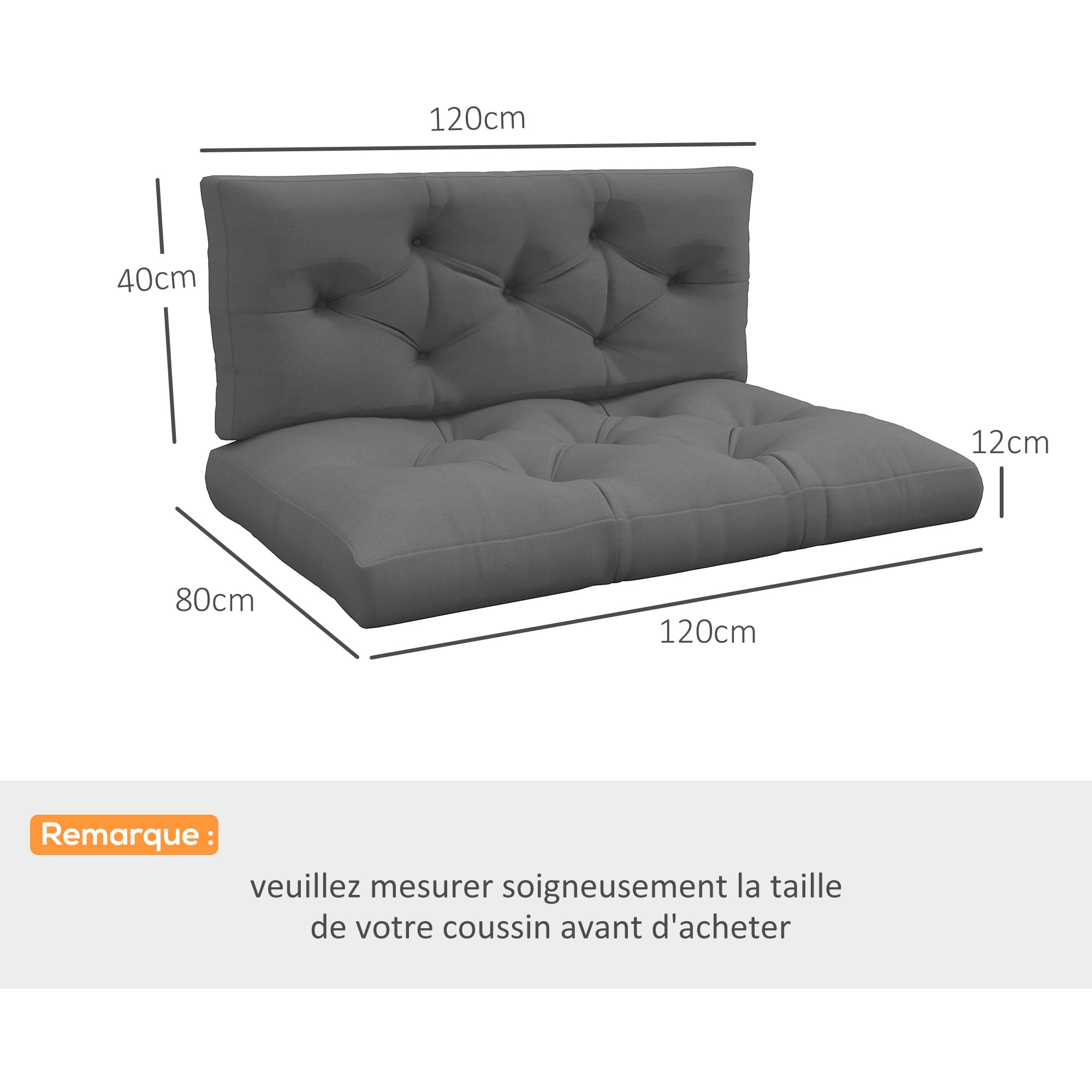 Outsunny Ensemble de 2 Coussins pour canapé Palette 2 Places Grand Confort dim. 120L x 80l x 12H cm Polyester Gris