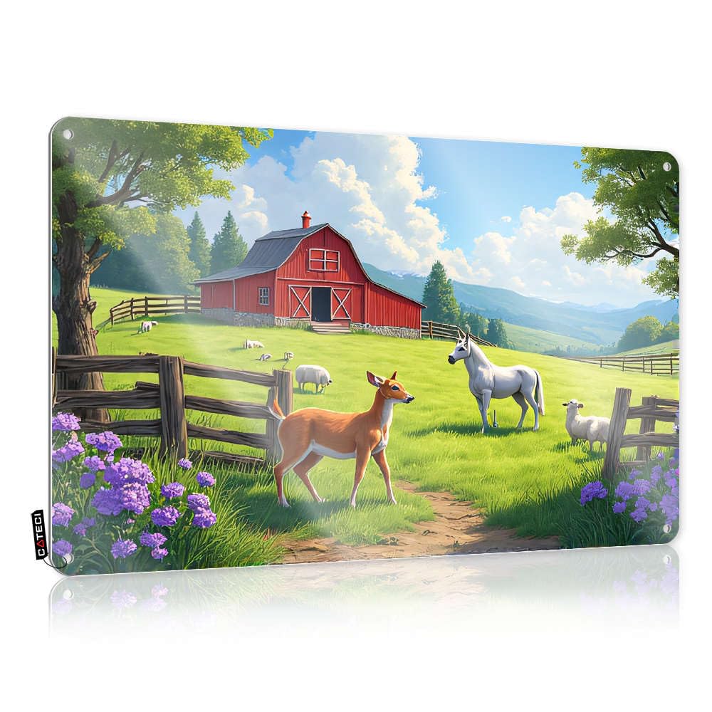 Fzfn Colour Pool Decorations Outdoor Decor Haves | A Serene Farm Scene With Animals Grazing Near A Red Barn. Large Saloon Bar Decoration(30X40cm)