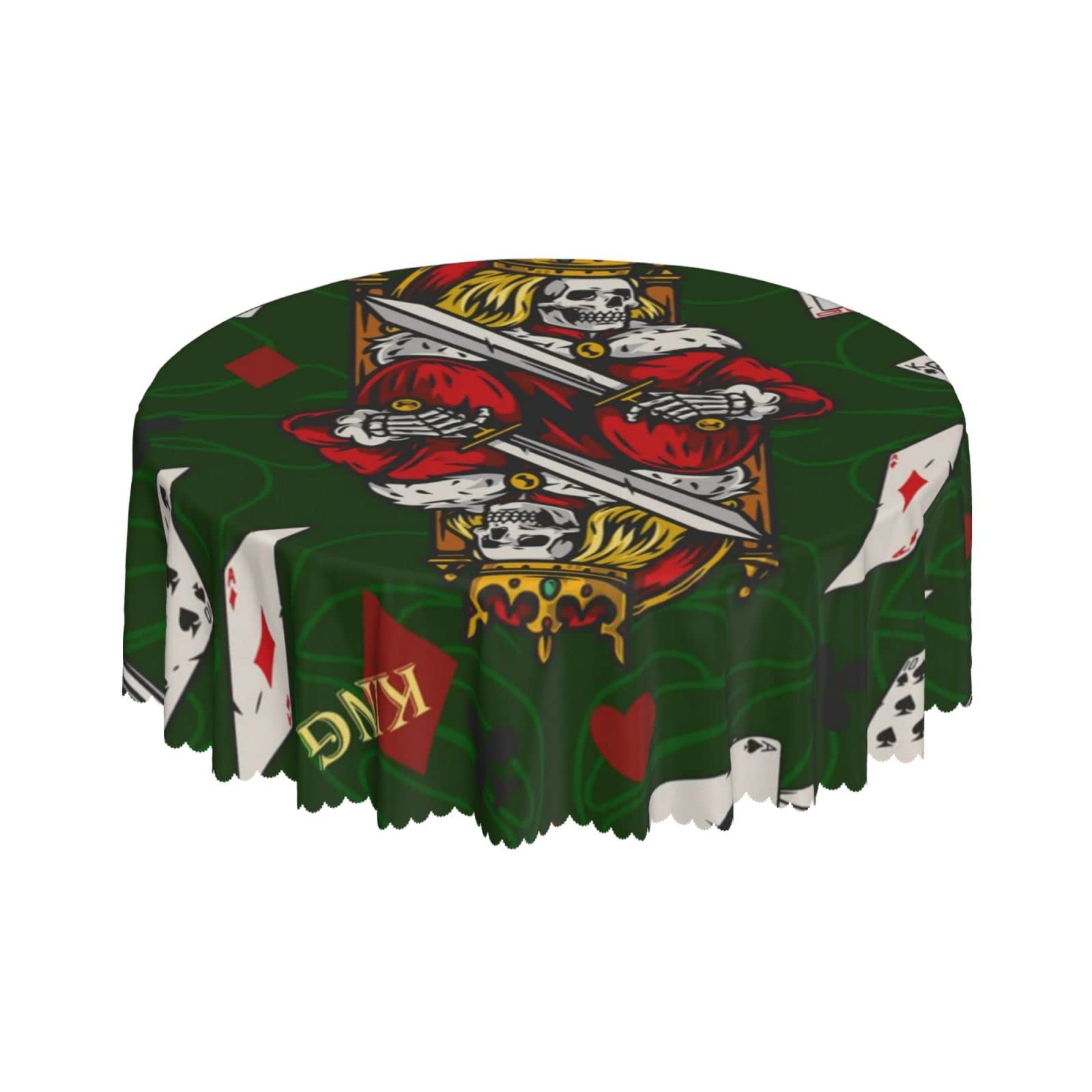 Lsjuee Poker Card Skeleton Skull Green Round Tablecloth 60 Inch Printed Washable Tablecloth for Dining Party Holiday Fall Home Decorative