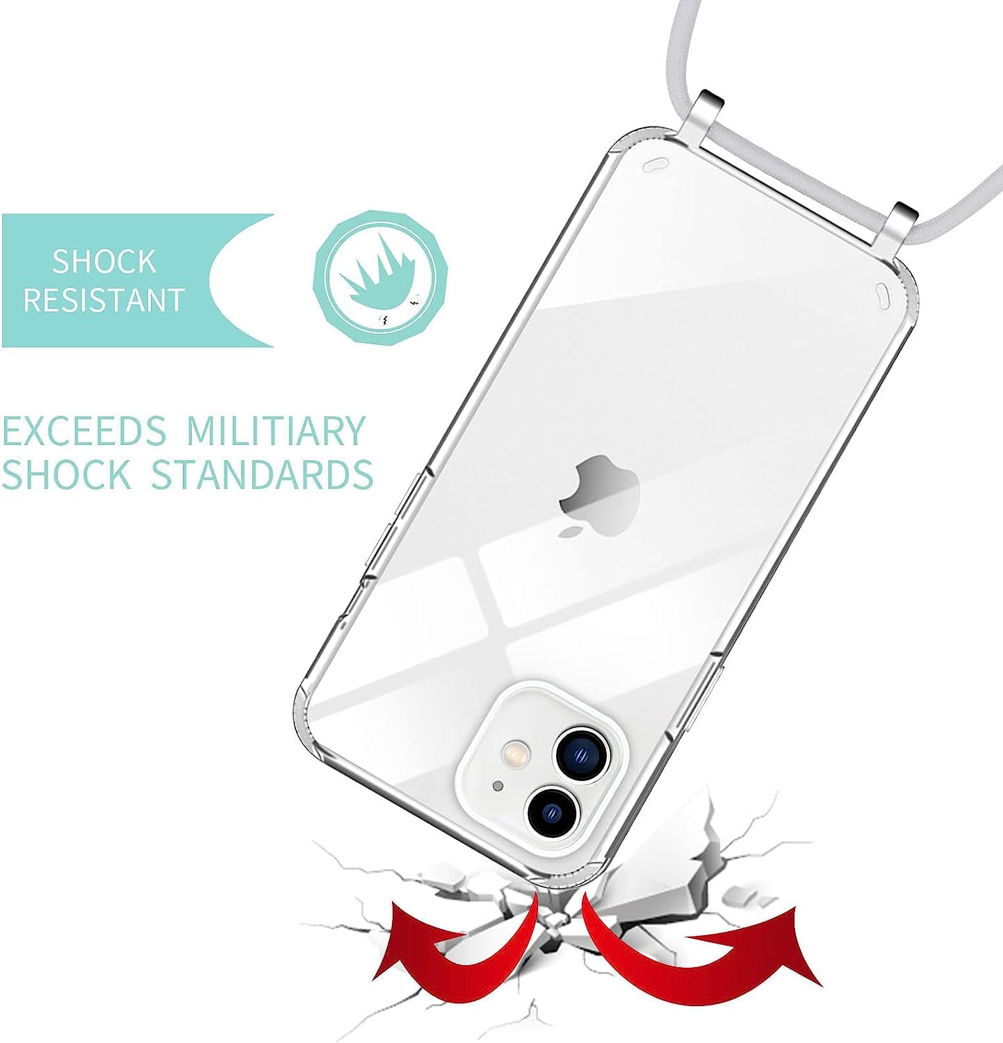 Vauki Mobiele telefoonband voor iPhone 12 Mini hoes met band, siliconen, doorzichtig, transparant, vloeibaar, glitter met ketting, drijfzand, halsketting, TPU-beschermhoes, case voor iPhone 12 Mini