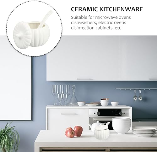 Miniatura 7 de Hemoton Cuenco de calabaza blanca, cuencos de sopa de cerámica con tapa, cuchara para postre, cuencos de cereales, plato lateral para aperitivos,