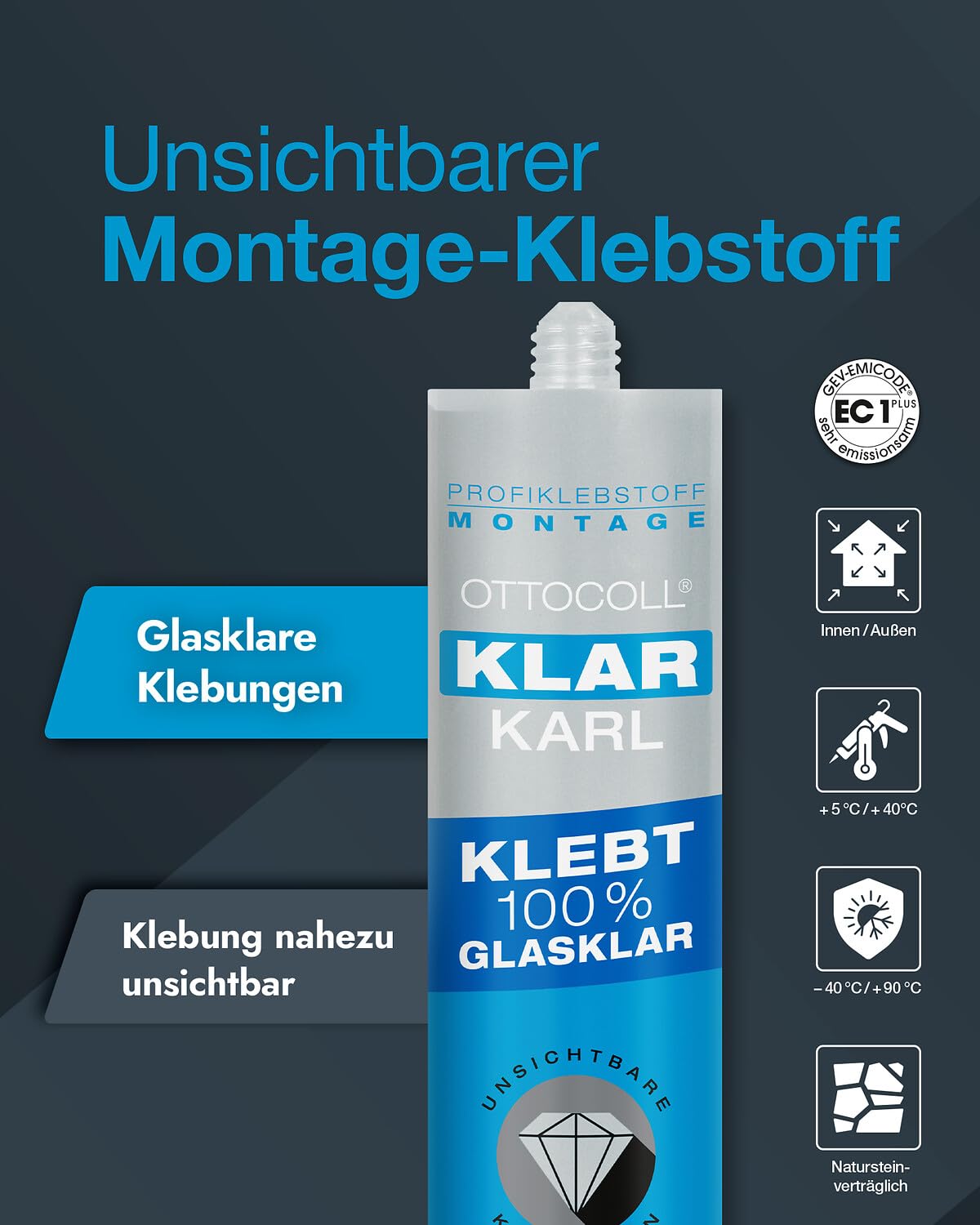 12 x OTTO-COLL KLARKARL przezroczysty 290 ml – przezroczysty klej montażowy do drewna, metalu, szkła, lustra, ceramiki, kamienia naturalnego i tworzyw sztucznych – elastyczny klej hybrydowy 1K do
