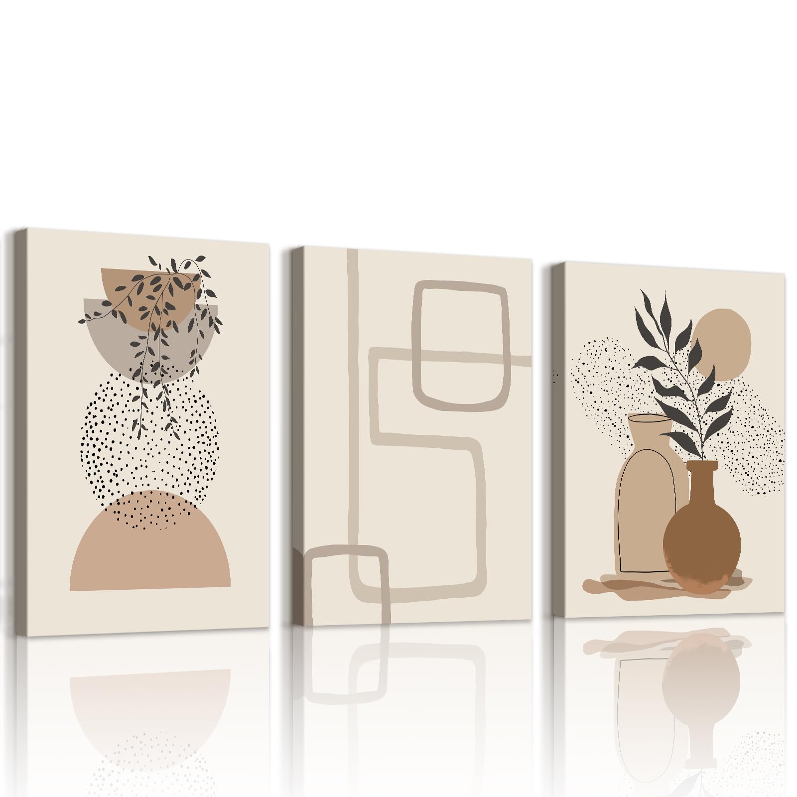 WENGTIAO Set of 3 Boho Abstract Geometric Canvas Wall Art Framed Pictures, Vintage Beige Brown Minimaliste Abstracte Painting on Canvas for Modern Living Room Bedroom Wall Decor 30x40cmx3