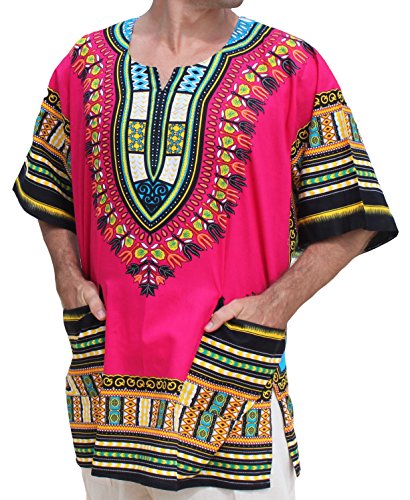 RaanPahMuang Unisex African Bright Dashiki Cotton Shirt , medium pink, Large