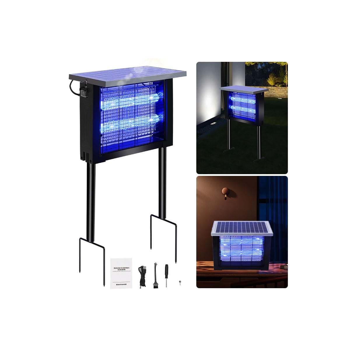 Lámpara antimosquitos Solar para Exterior, 4500 V, IPX5, Impermeable, Recargable, USB-C, batería de 4000 mAh, Mata Mosquitos inalámbrico con estaca para jardín, césped, terraza, Camping (Negro)