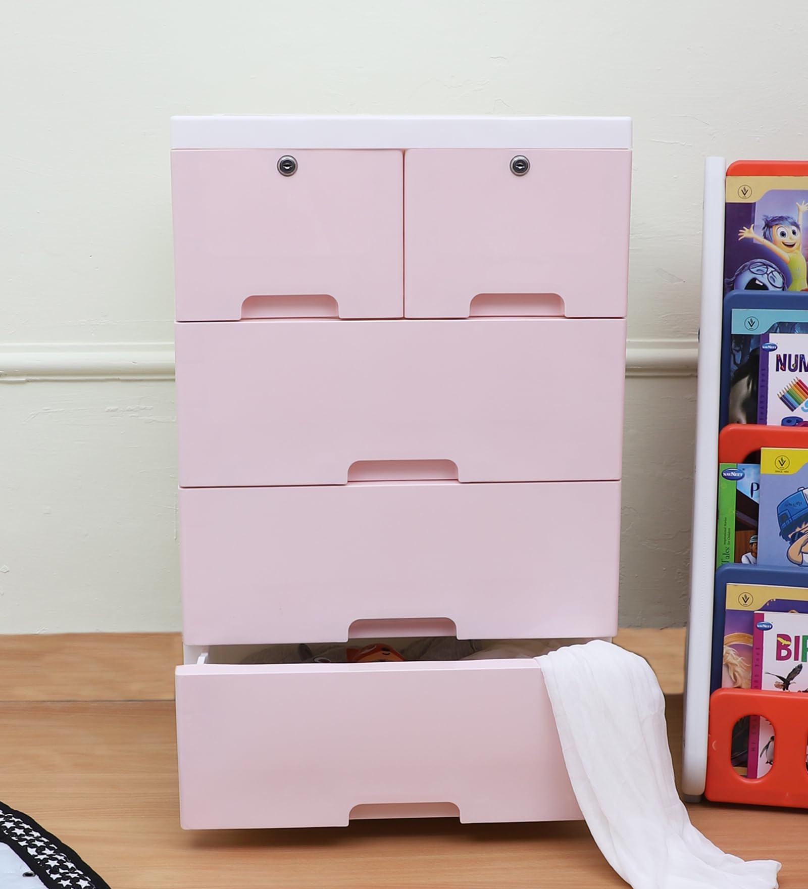 Plastic Chest of 5 Drawers for Kids | Pink Theme Multipurpose Organizer | Dresser Storage with 2 Locks | 51L x 33W x 82H cm | Glossy Finish-image-27