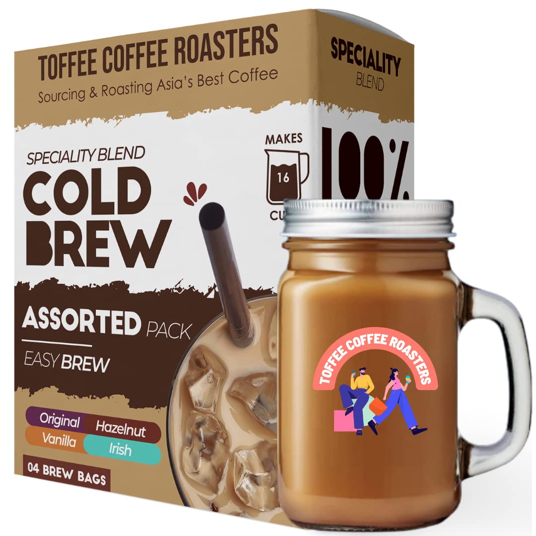 Toffee Coffee Roasters | Assorted Cold Brew Bags | Free Mason Jar | Easy Brew | Pack of 4 | 100% Arabica | Makes 16 Cups