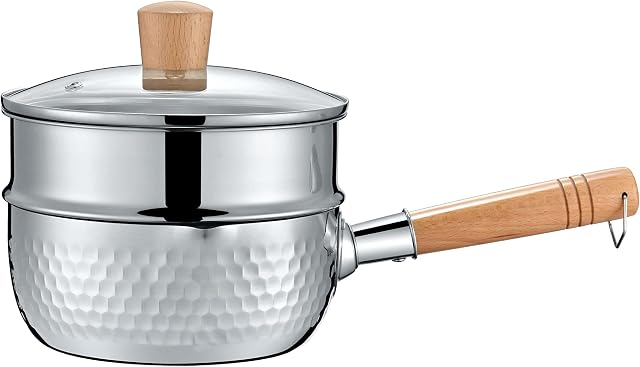 CONCORD 2 Quart Stainless Steel Yukihira Pan with Steamer. Traditional Japanese Saucepan with Wood Handle. Great for Ramen, Tempura pot, Milk, etc., Silver