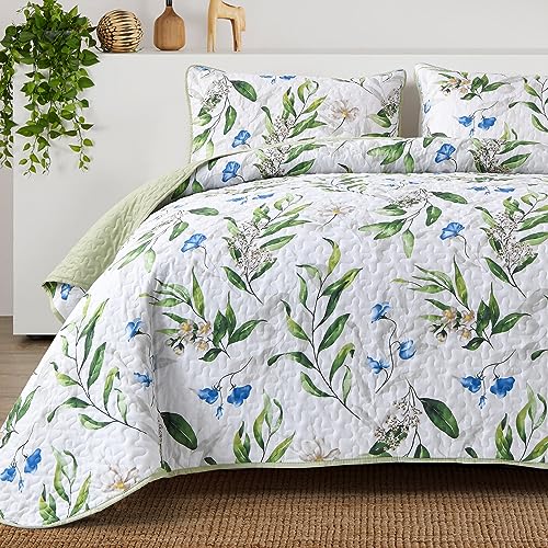 Image of Anibedding Queen Quilt Set, Floral Botanical Bedspread with 2 Pillowcase | Soft Microfiber, 3 Pieces Green Leaves Pattern Bedspread, Floral Branch Bedding Set, All Season, Room Decor, Queen(96 inchx90 inch)