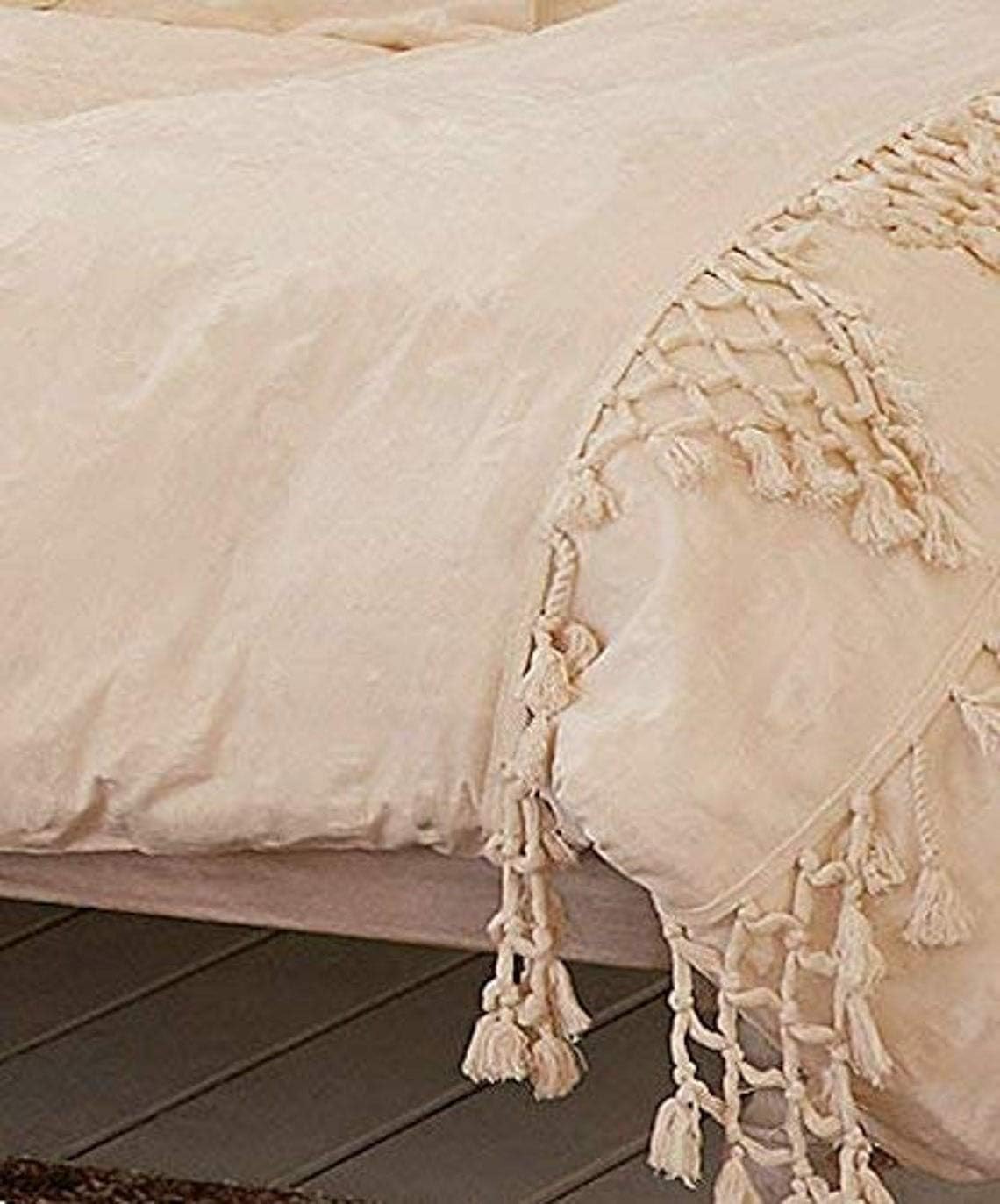Sophia-Art Cotton Tassel Dorm Boho Comforter Decor Donna Quilt Bedding Solid Bedding Cover Bohemian Cover Gypsy Duvet Cover with Pillow Covers
