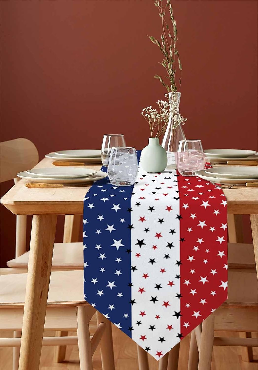 4th of July Linen Burlap Table Runner Star Dresser Scarves, Patriotic American Flag Independence Day Table Runners for Dinner Holiday Party,Memorial Events,Kitchen Decor Red White Blue Stars 13x90In