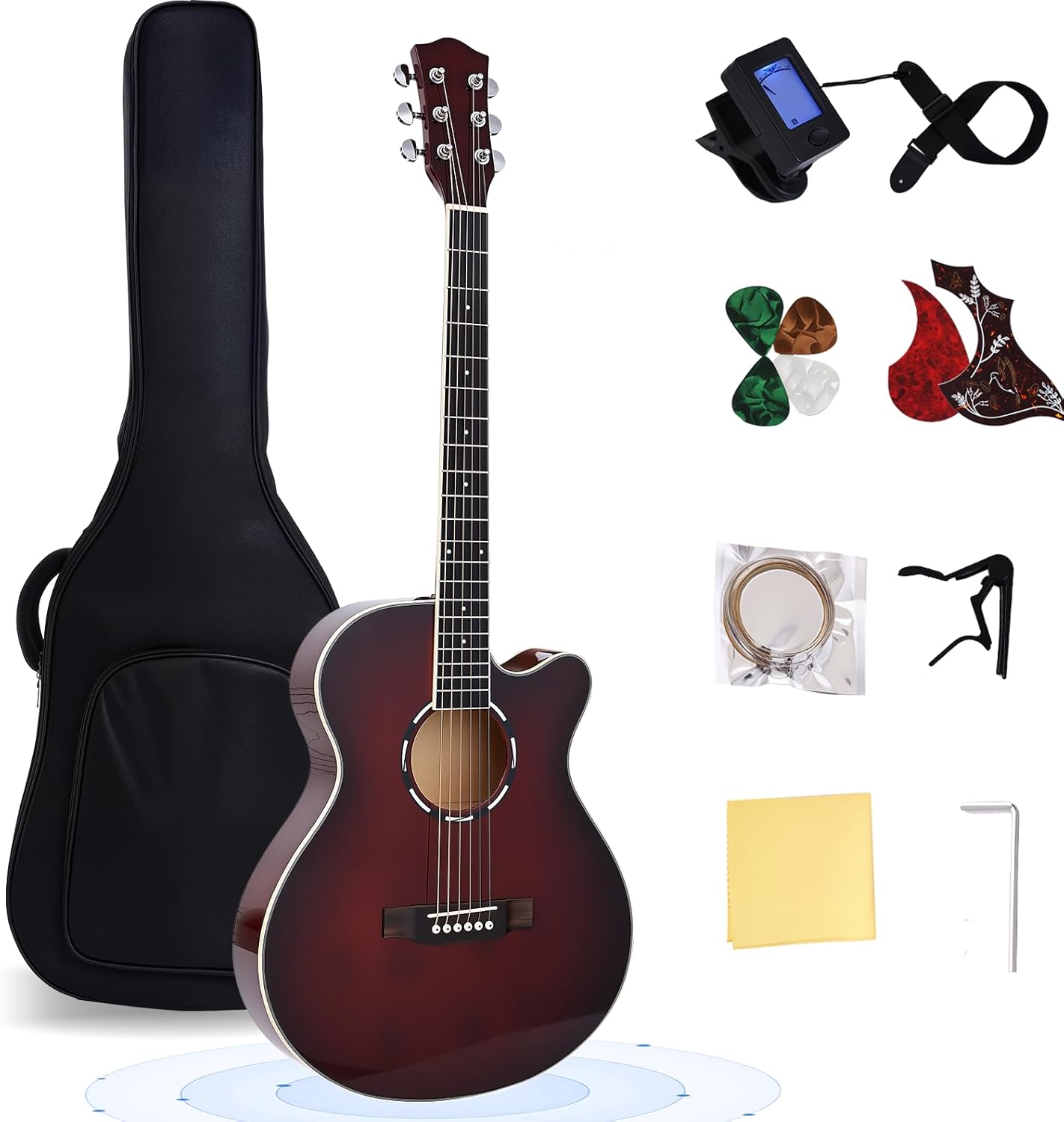 41" Acoustic Guitar for Beginner- Full Size Thin Cutaway Guitarra, Lightweight Body Suitable for Adult Teen,Red Bundle Set with Gig Bag, Tuner, Strap, Strings, Picks,Capo (Red-6string)