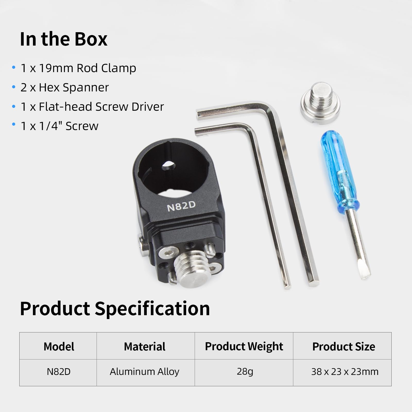 Nitze 19mm Rod Clamp Adapter, 19mm Rod Abrazadera de Aleación de Aluminio con Tornillo de 1/4" y Tornillo de 3/8", Intercambiable para Aparejos de Cámara, Jaula de Cámara – N82D