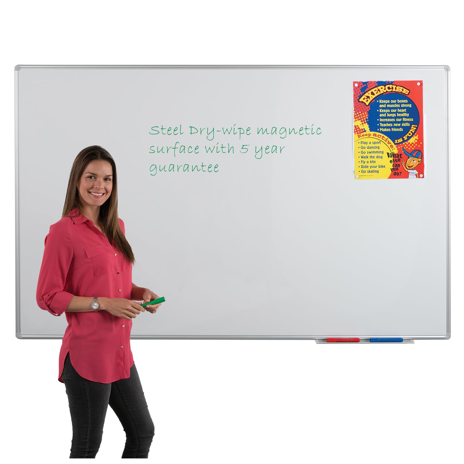 Large Magnetic Dry-Wipe Whiteboard, 120 x 240 cm, Steel Dry-Wipe Surface, Aluminium Frame with Clip-on Pen Tray, Wall Mounted - Ideal for Office, School, Training