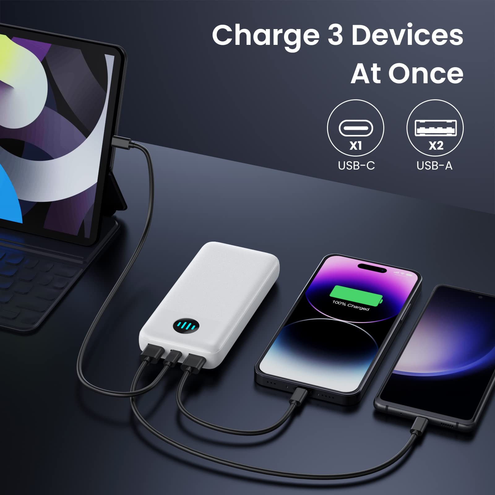 Power Bank, Caricatore Portatile 26800mAh, Powerbank 3A PD USB C Ingressi&Uscite, Caricabatterie Portatile Ricarica Rapida Batteria Esterna 3 Uscite per iPhone Huawei Xiaomi Auricolari-Bianco