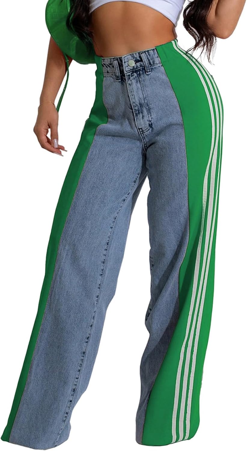 LONGBIDA Women's High Waisted Jeans Two Tone Stretchy Baggy Trendy Wide Leg Denim Pants