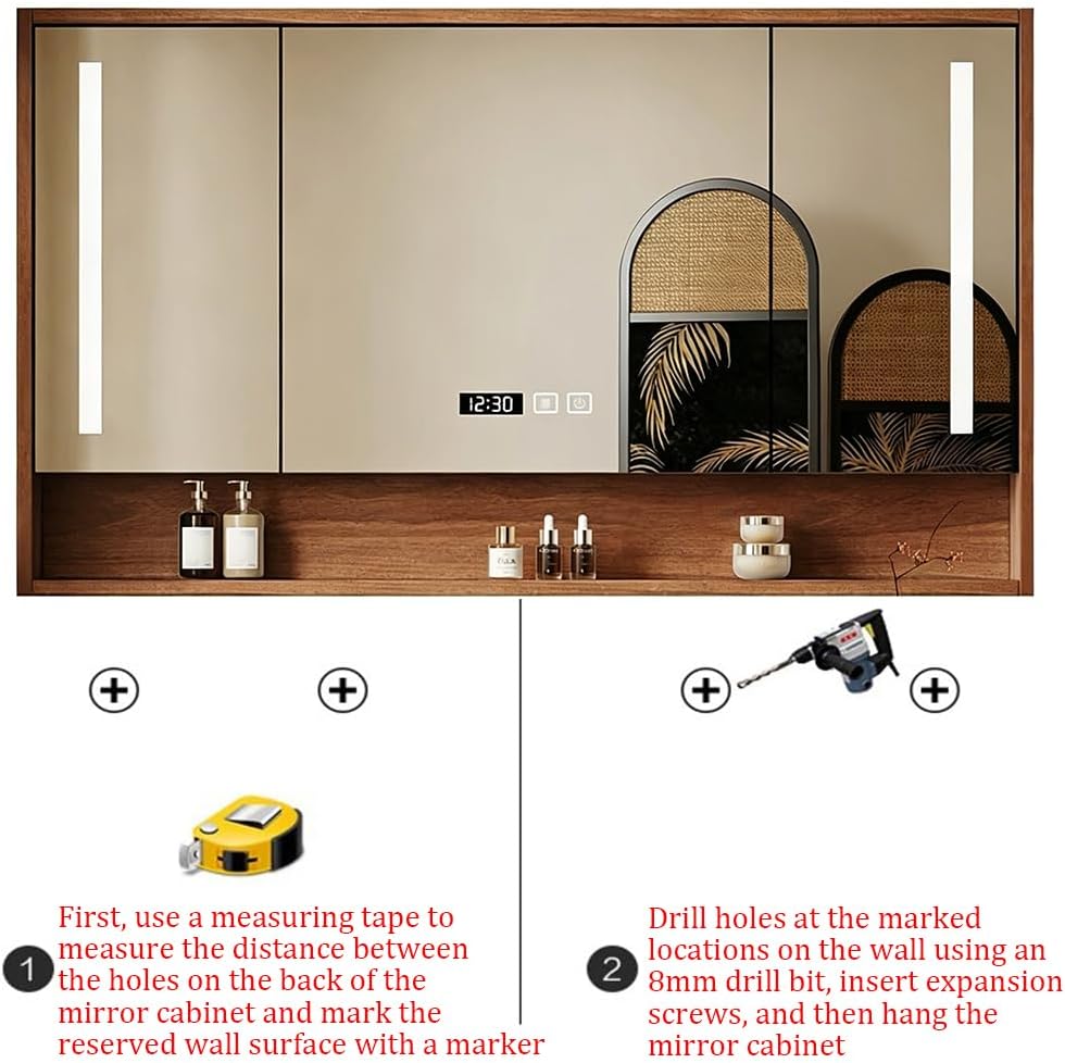 Large Wall-Mounted Bathroom Mirror Medicine Cabinet, Wooden Bathroom Storage Cabinet, with Smart LED Defogger, Time Display, Touch Switch, and Floating Organizer,L118cm