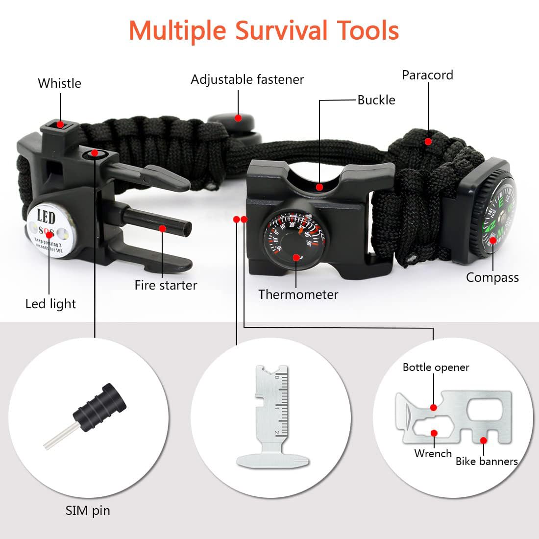 20 in 1 Survival Paracord Bracelet Adjustable Gear Kit with SOS LED Light, Fire Starter, Bigger Compass, Survival Whistle, Perfect for Camping, Hiking, Fishing