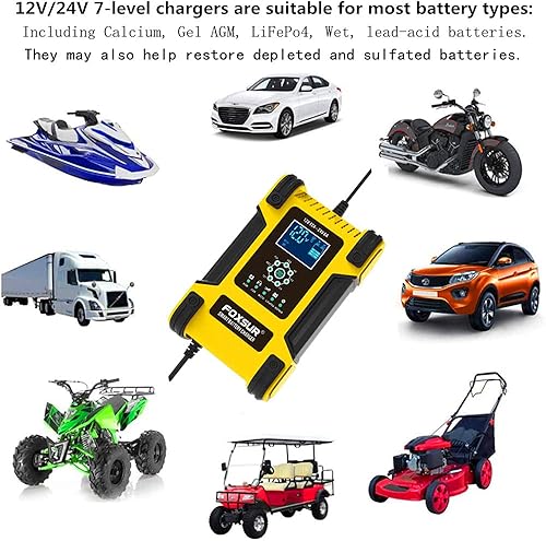 Miniatura 2 de Cargador de batería de coche de 7 etapas de 12 amperios para baterías húmedas/GEL/SLA/LiFePO4/plomo-ácido/AGM, cargador de batería inteligente de 12