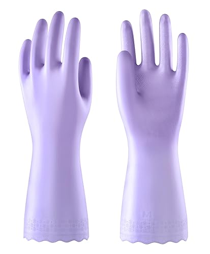 Mr.Panda Guantes de limpieza de algodón flocado respetuosos con la piel, medianos, guantes reutilizables para lavar platos, cocina, color rosa