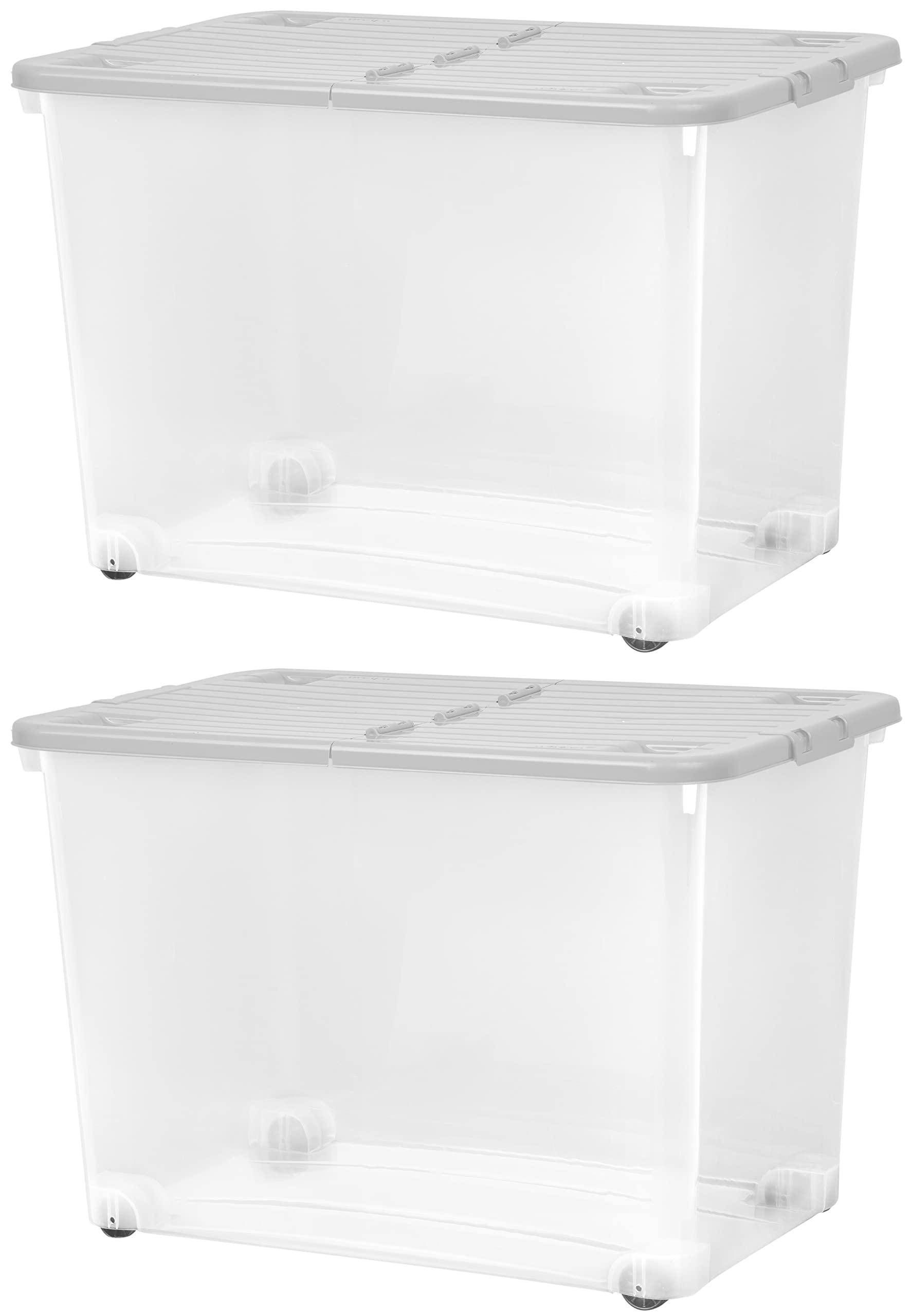 Muddy Hands Pack of 2 - Large Clear Plastic Storage Boxes with Lids & Wheels Stackable Containers (80 Litre)