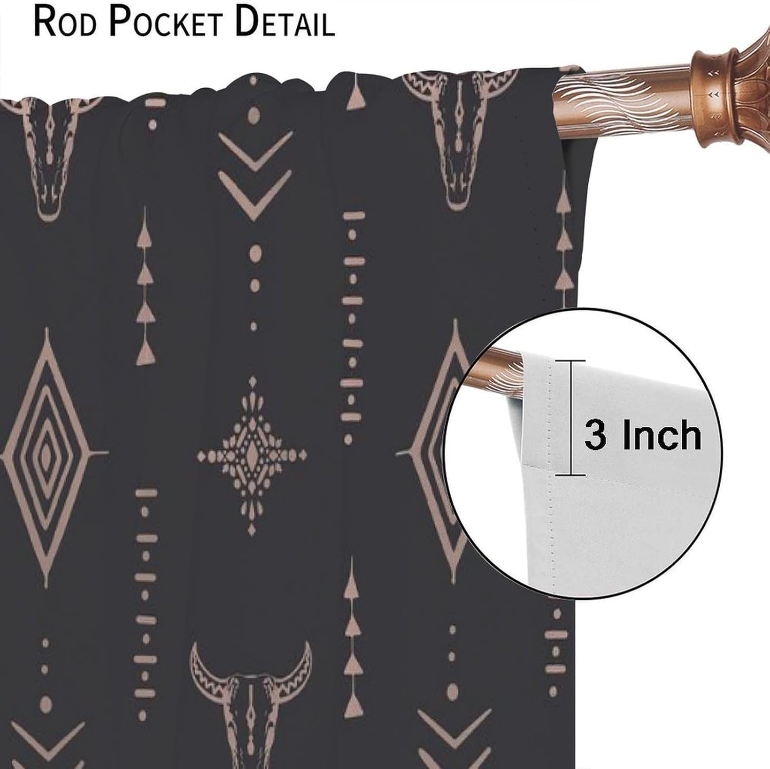 Tribal Aztec Western Bohemian Blackout Window Curtains, Bull Skull Boho Aesthetic Aztec Art Print Rod Pocket Window Drape, for Living Room Bedroom 21(W)*45(L) 2 Panels