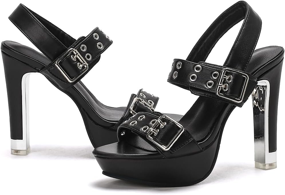 GATUXUS Women's Block High Heels Slingback Sandals Buckle Strappy Open Toe Platform Sandals Wedding Dressy Shoes - Image 5