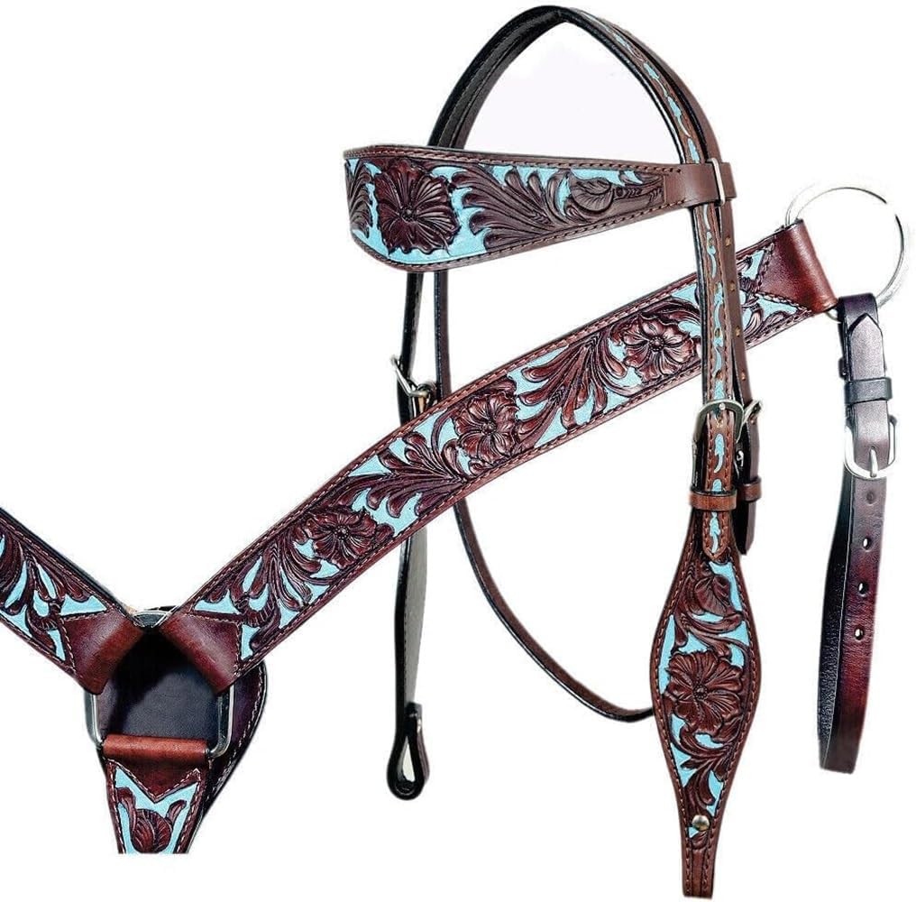 Western Leather Hand Tooled Headstall and Breast Collar Set with Reins. /Size-Full,Cob,Pony AO-922