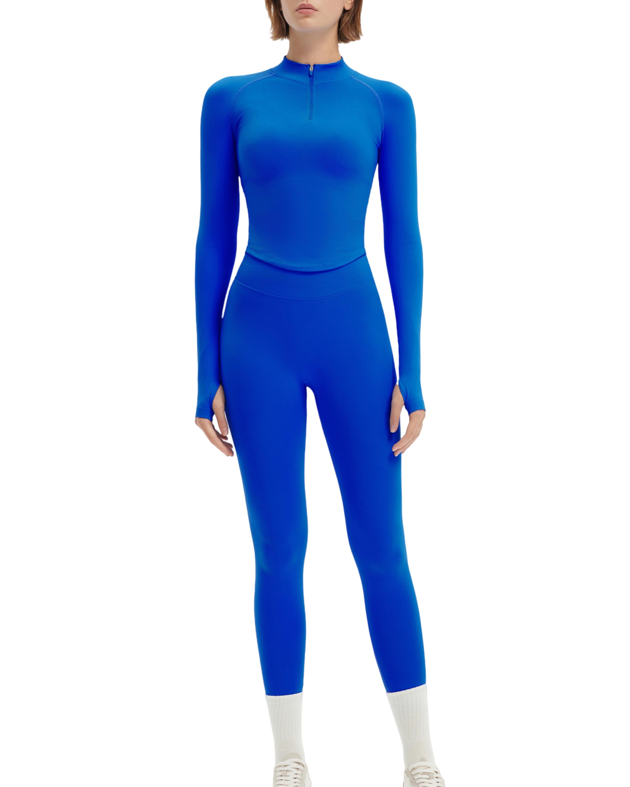 SUUKSESS Workout Sets for Women 2 Piece Seamless Long Sleeve Yoga Outfits Active Leggings Half Zippy Jacket Gym