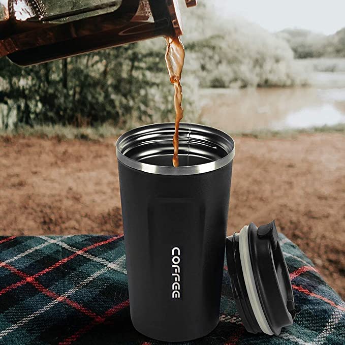 Image of Vacuum Insulated Stainless Steel Coffee Mug Tumbler - 510ml Travel Thermos Sipper Cup, Double Wall Hot & Cold Beverage Flask for Tea, Coffee, Office & Outdoor Use (Black)