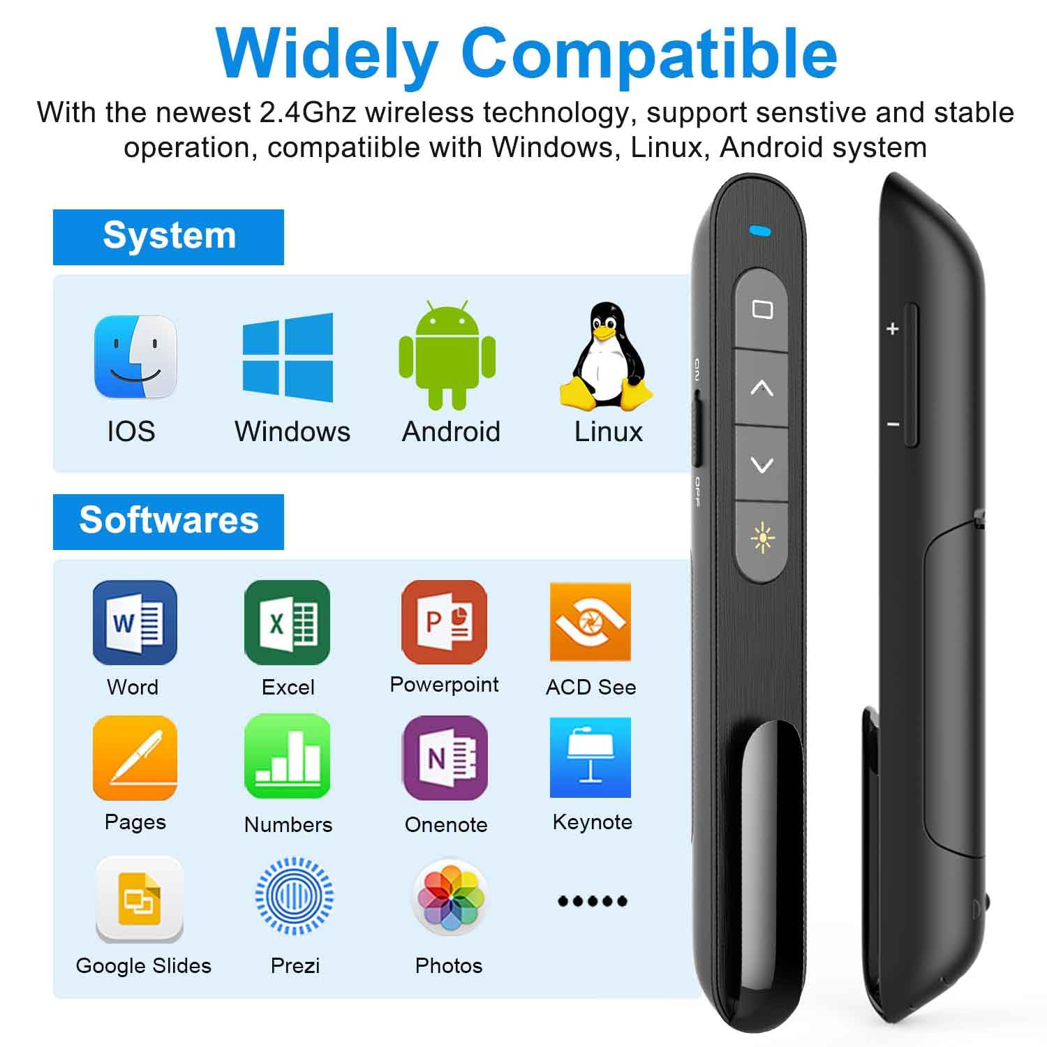 Kabelloses Präsenter, 2.4 GHz Wireless Presenter Powerpoint Fernbedienung USB C Laptop Präsentationsfernbedienung Unterstützt Hyperlink Lautstärkeregler, Präsentation Pointer für Windows Mac
