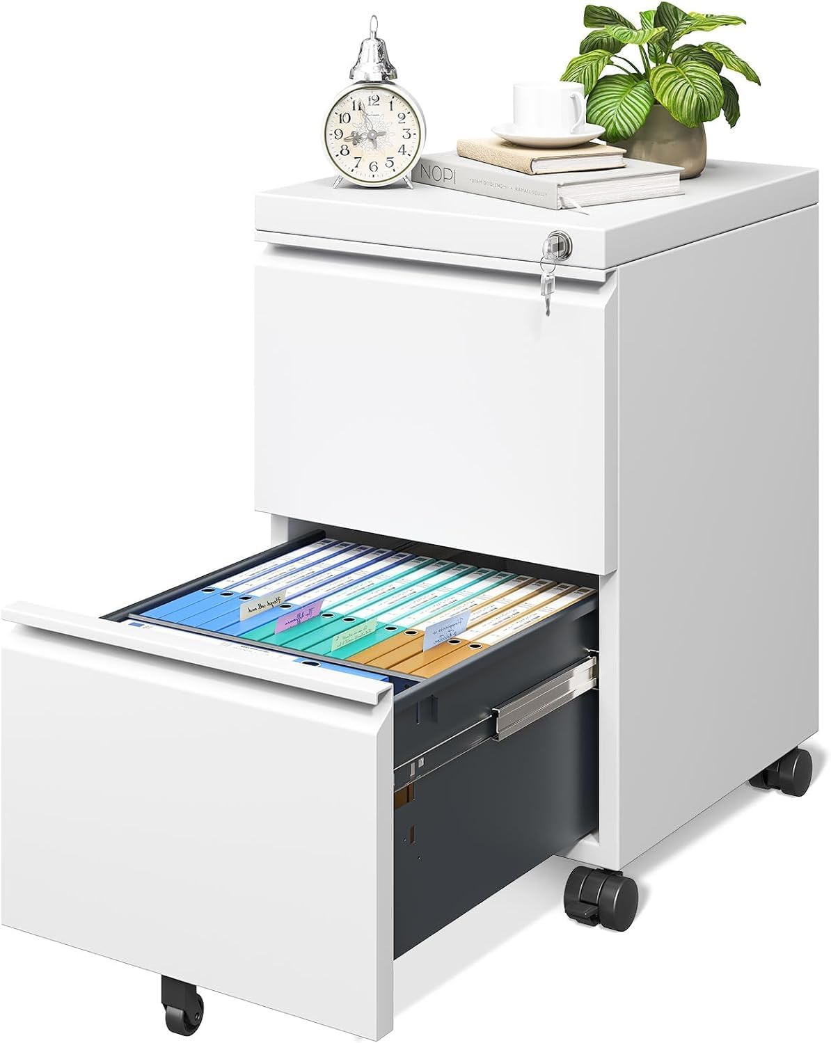 Approgreent 2 Drawer Metal File Cabinet, Fully Assembled Locking Filing Cabinet with Anti-Tipping Wheels, Quiet Slide, Heavy-Duty Steel Construction, Fits A4 Letter Legal for Home Office, Matte White