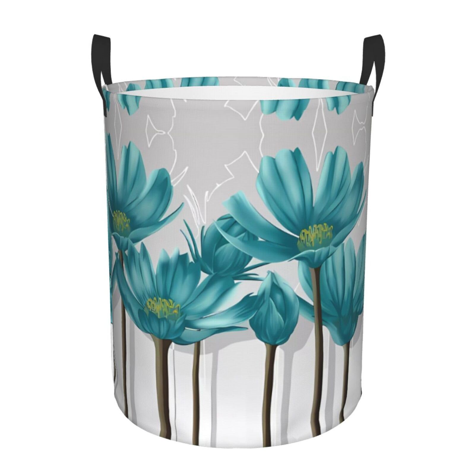 M Circular Hamper Teal Grey and White Floral Print Storage Basket for Home